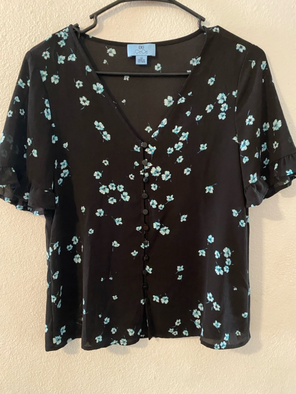 Cascading Floral Ruffle Sleeve Crepe Blouse